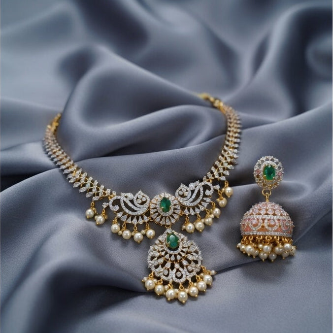 Emerald Pearl Bridal Necklace Set – Gold Finish
