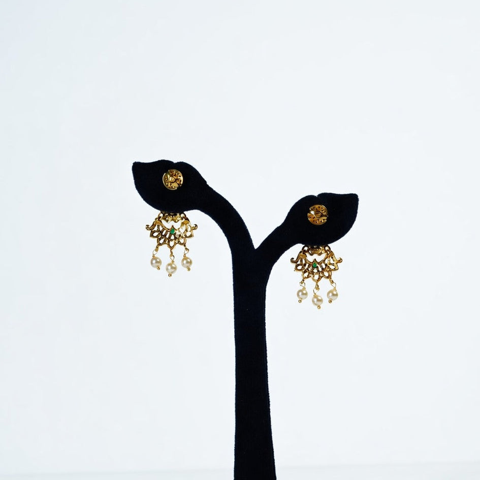 Designer Pearl Drop Earrings – Gold Finish with Green Accent