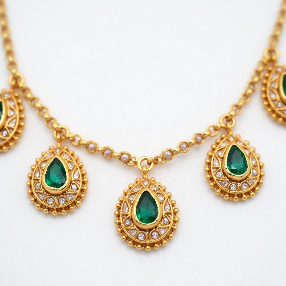 Temple Drop Necklace Set – Gold Finish with Green Stones