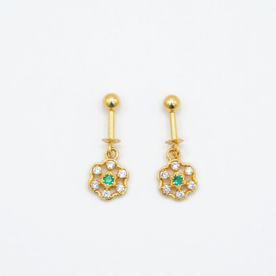 Floral Crystal Drop Earrings – Gold Finish with Green Accent