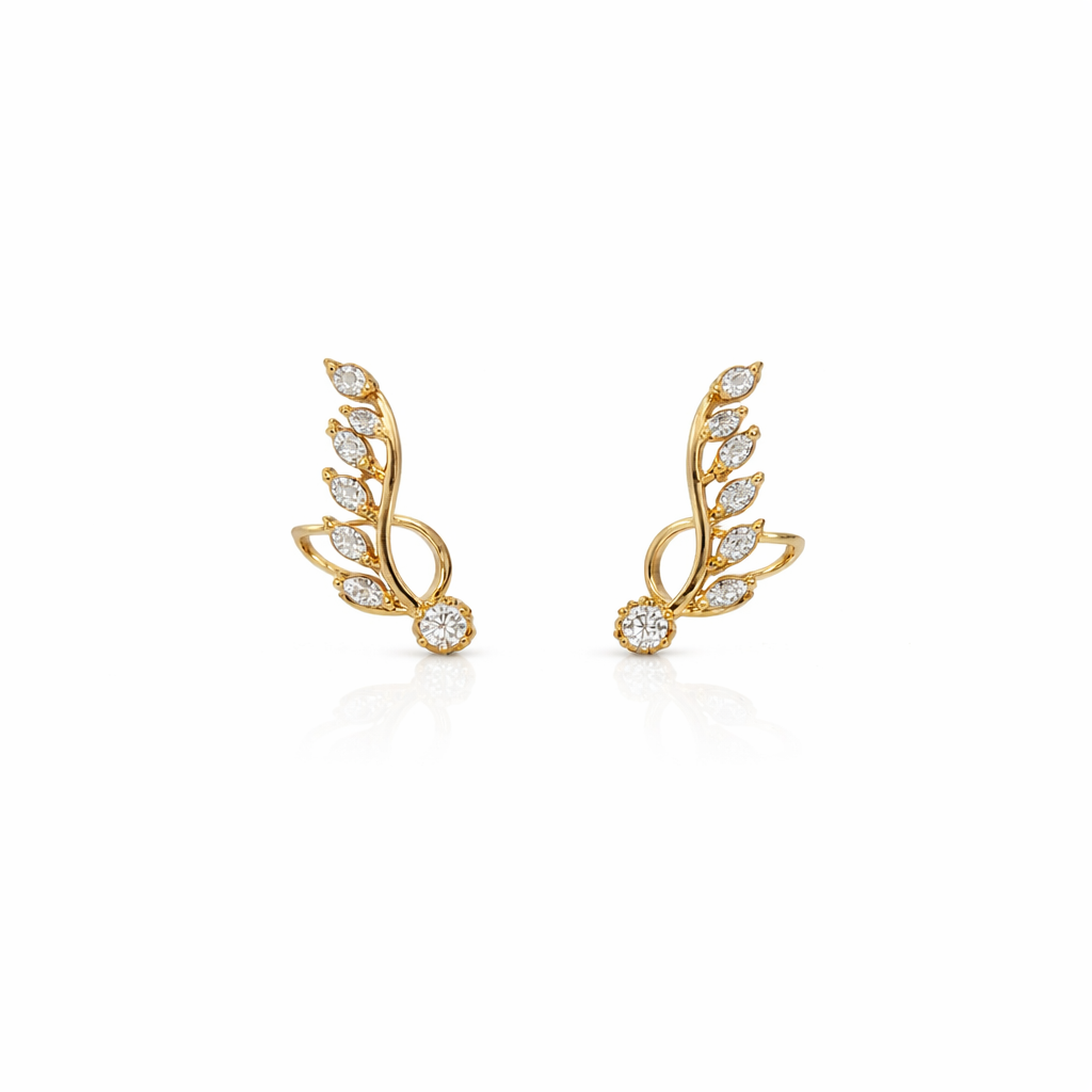 Golden Feather Leaf Ear Climbers Earrings