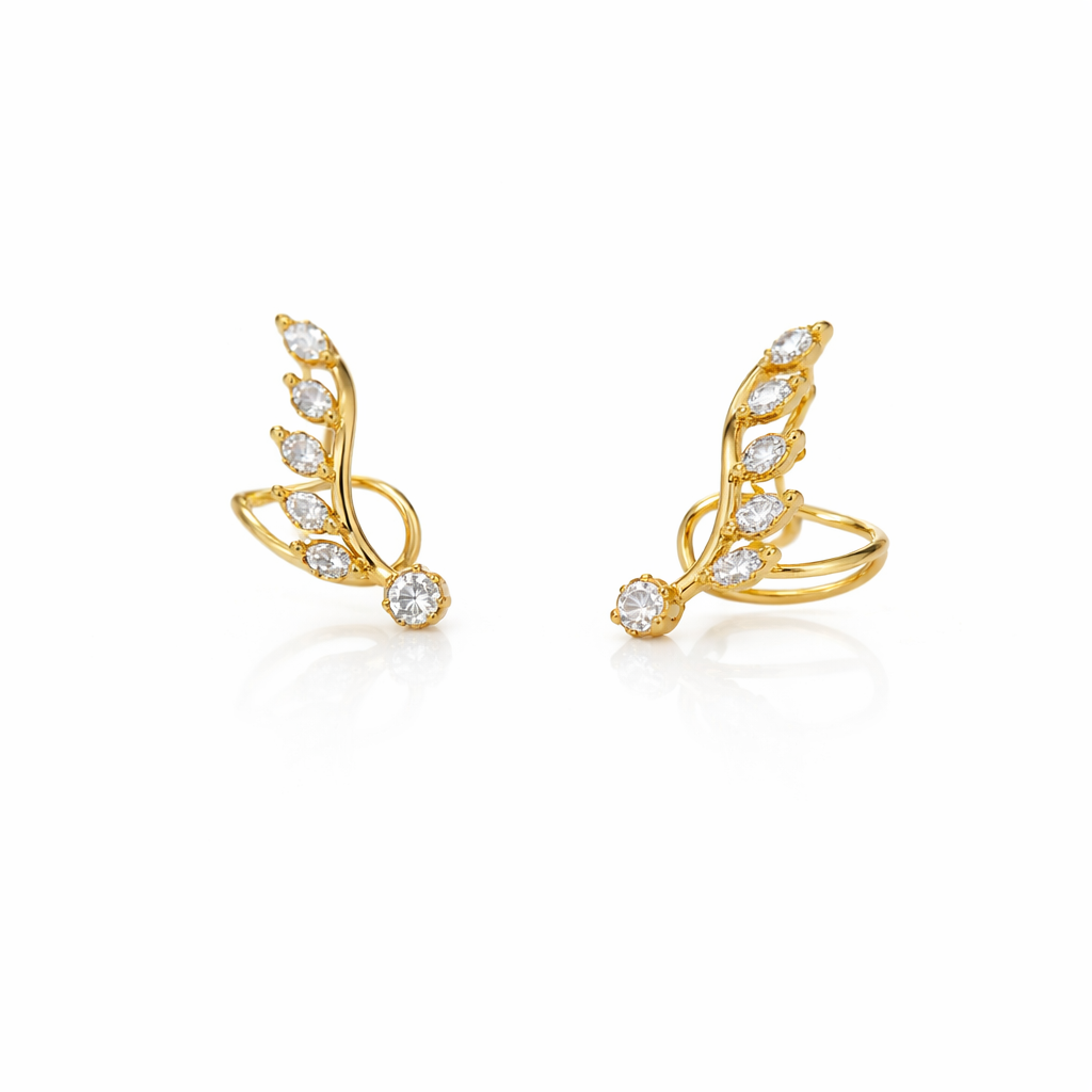 Golden Feather Leaf Ear Climbers Earrings