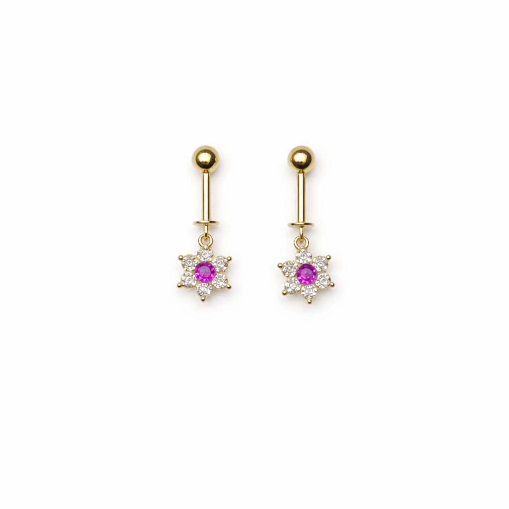 Floral Drop Earrings – Gold Finish with Ruby Accent