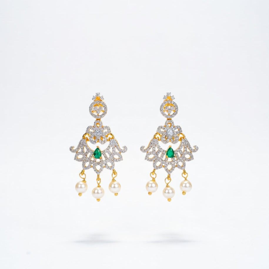 Designer Pearl Drop Earrings – Gold Finish with Green Accent