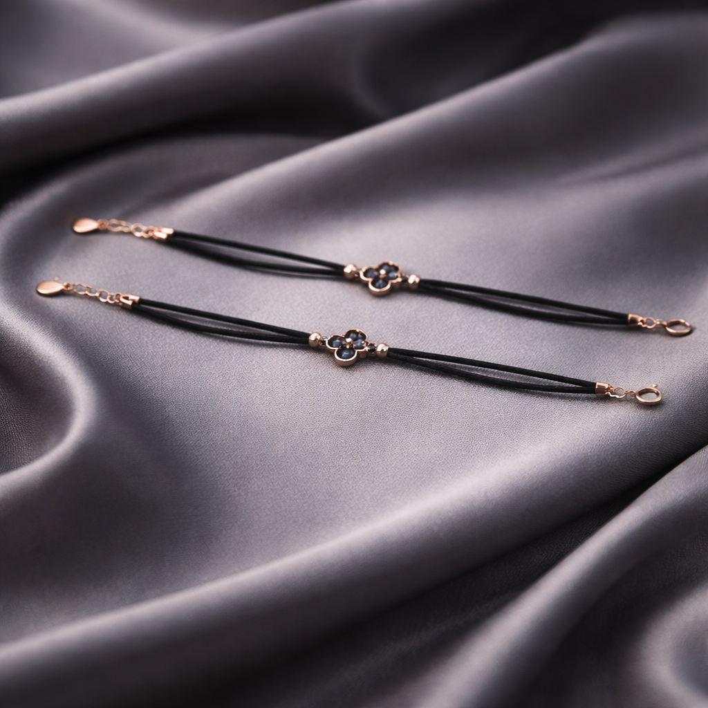 Elegant Clover Charm Anklet – Black Cord & Gold Finish