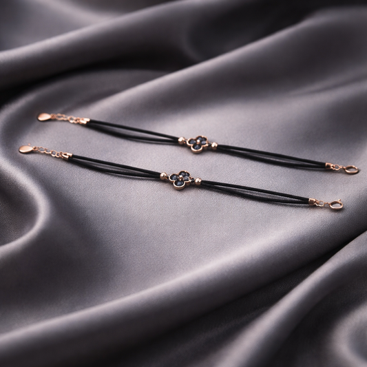 Elegant Clover Charm Anklet – Black Cord & Gold Finish