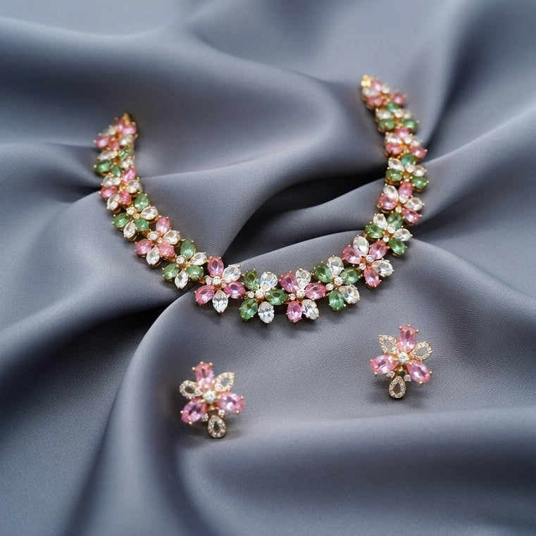 Multicolor Floral Necklace Set – Gold Finish