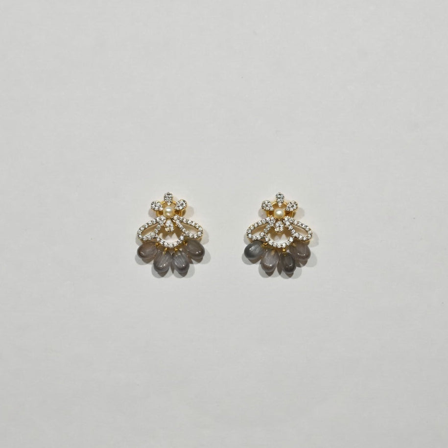 Elegant Pearl & Stone Floral Stud Earrings