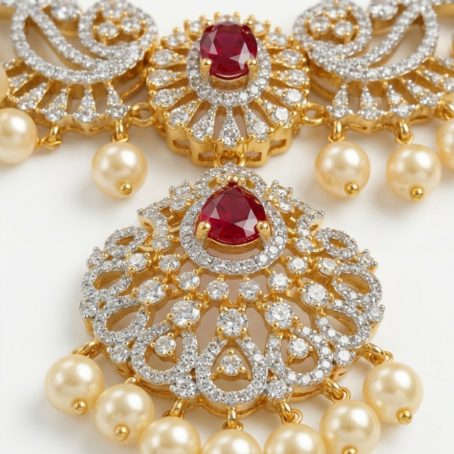 Royal Ruby Pearl Bridal Necklace Set