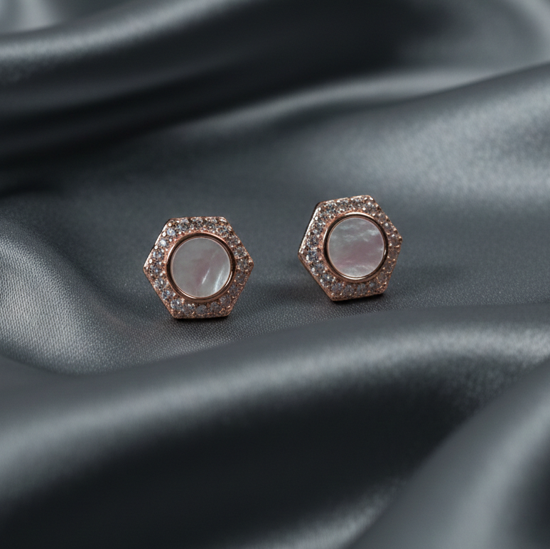 Rose Pearl Hexa Stud Earrings