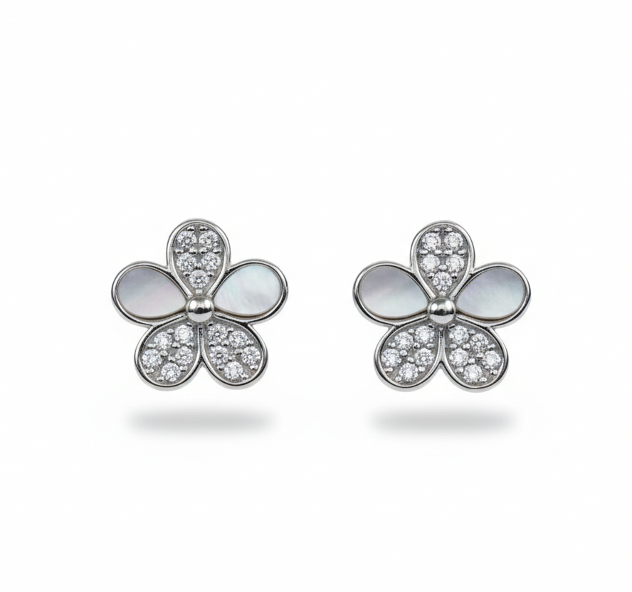 Silver Floral Pearl Stud Earrings