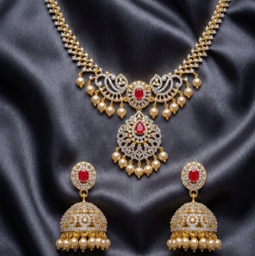 Royal Ruby Pearl Bridal Necklace Set