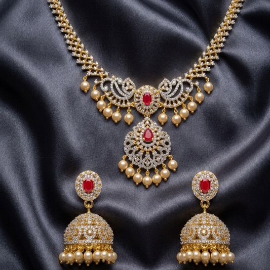 Royal Ruby Pearl Bridal Necklace Set