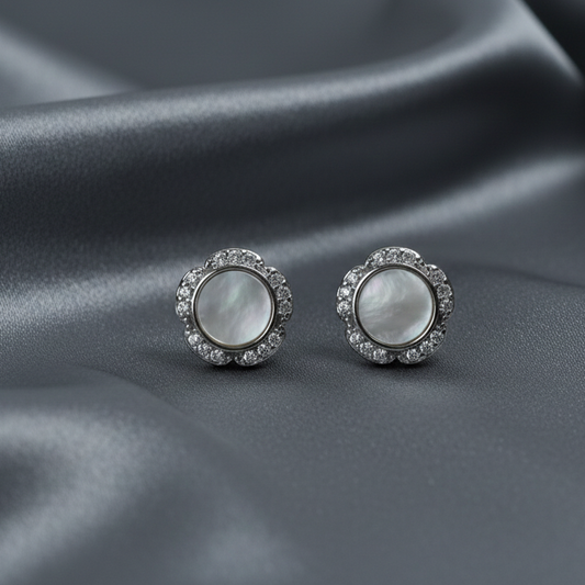 Silver Pearl Blossom Stud Earrings