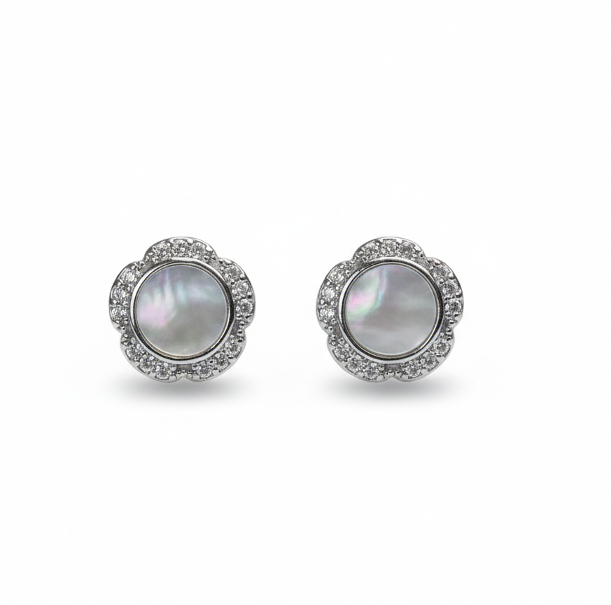 Silver Pearl Blossom Stud Earrings
