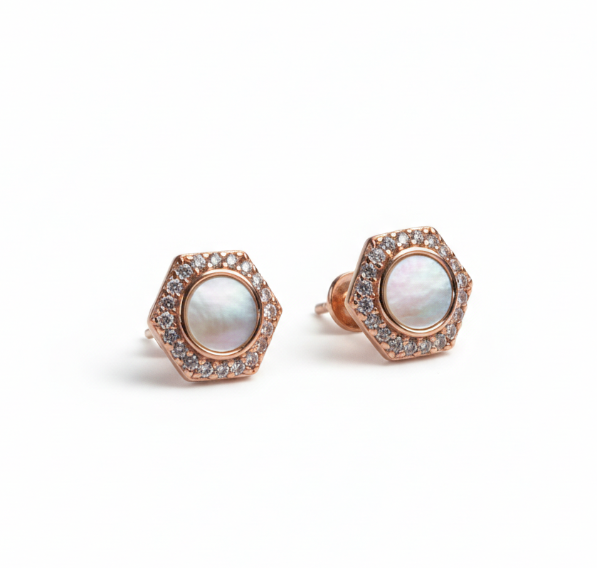 Rose Pearl Hexa Stud Earrings