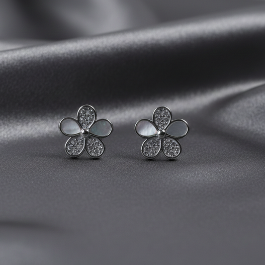 Silver Floral Pearl Stud Earrings