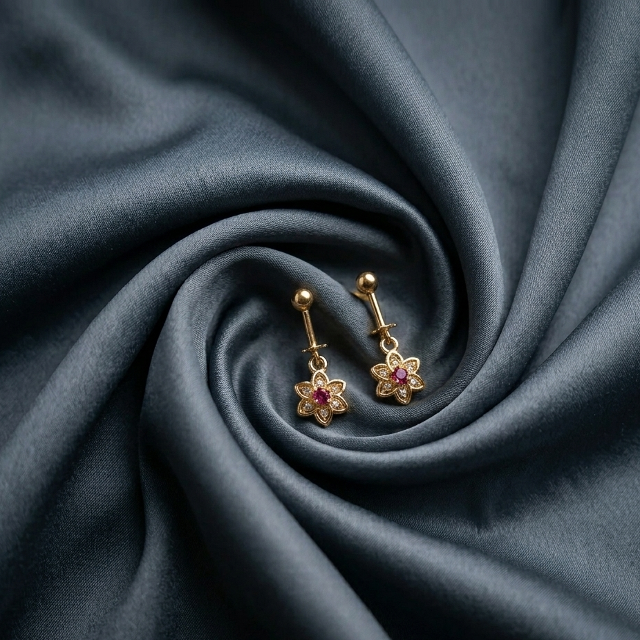 Floral Drop Earrings – Gold Finish with Ruby Accent