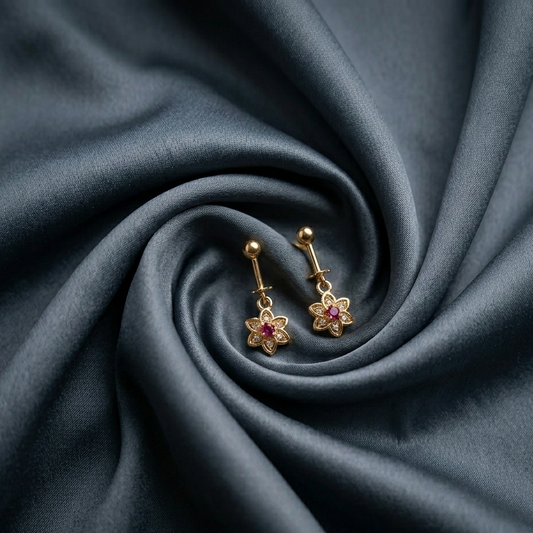 Floral Drop Earrings – Gold Finish with Ruby Accent