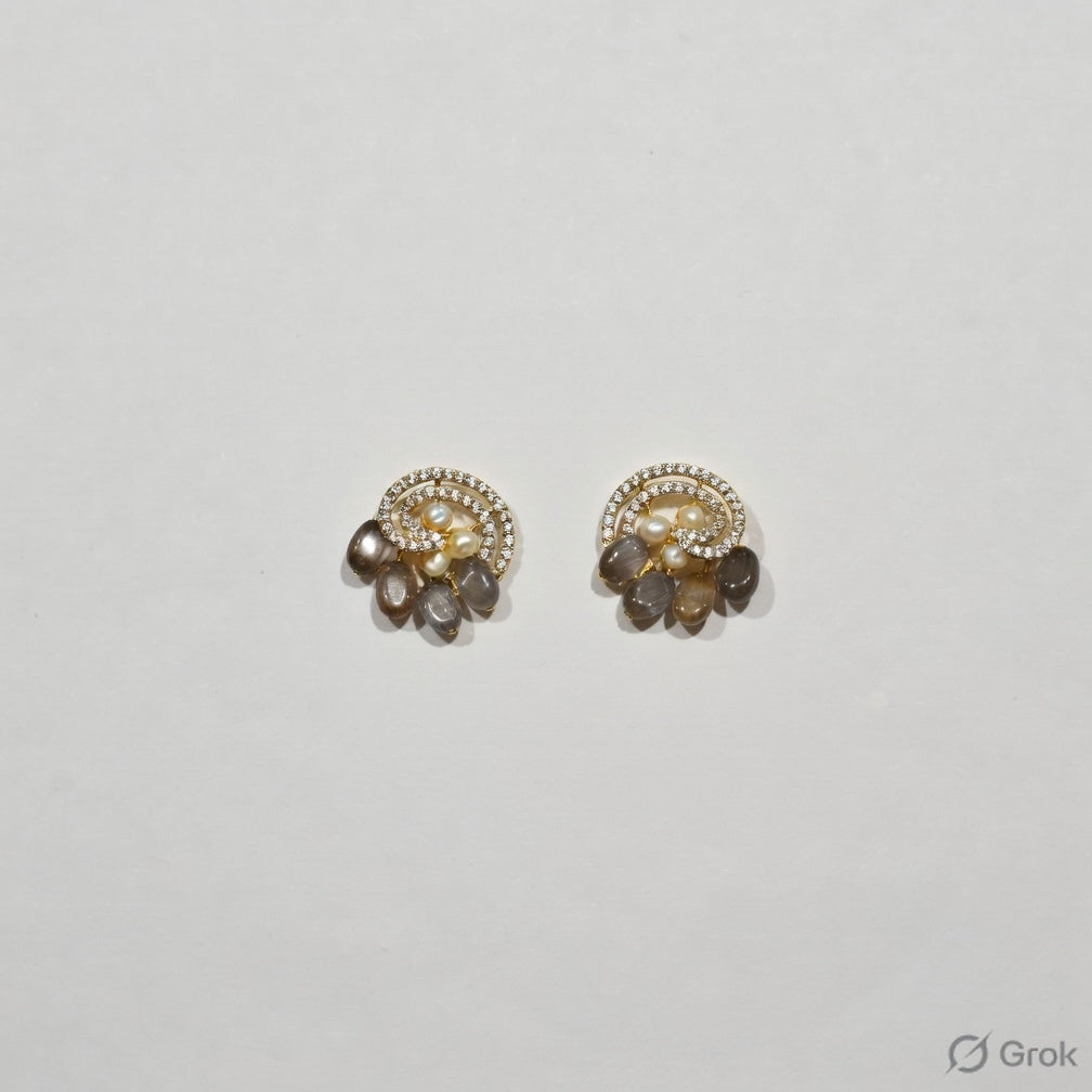 Elegant Pearl & Smoky Stone Designer Stud Earrings