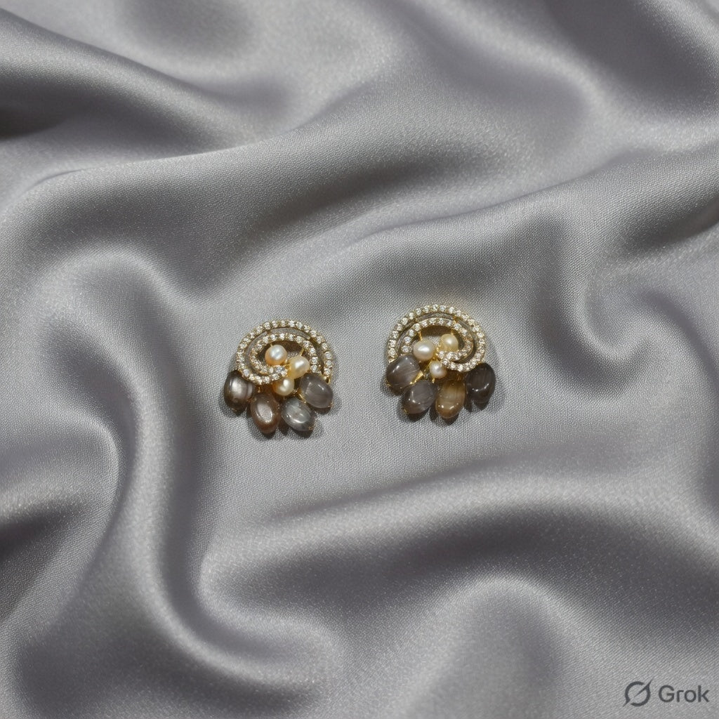 Elegant Pearl & Smoky Stone Designer Stud Earrings