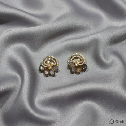 Elegant Pearl & Smoky Stone Designer Stud Earrings