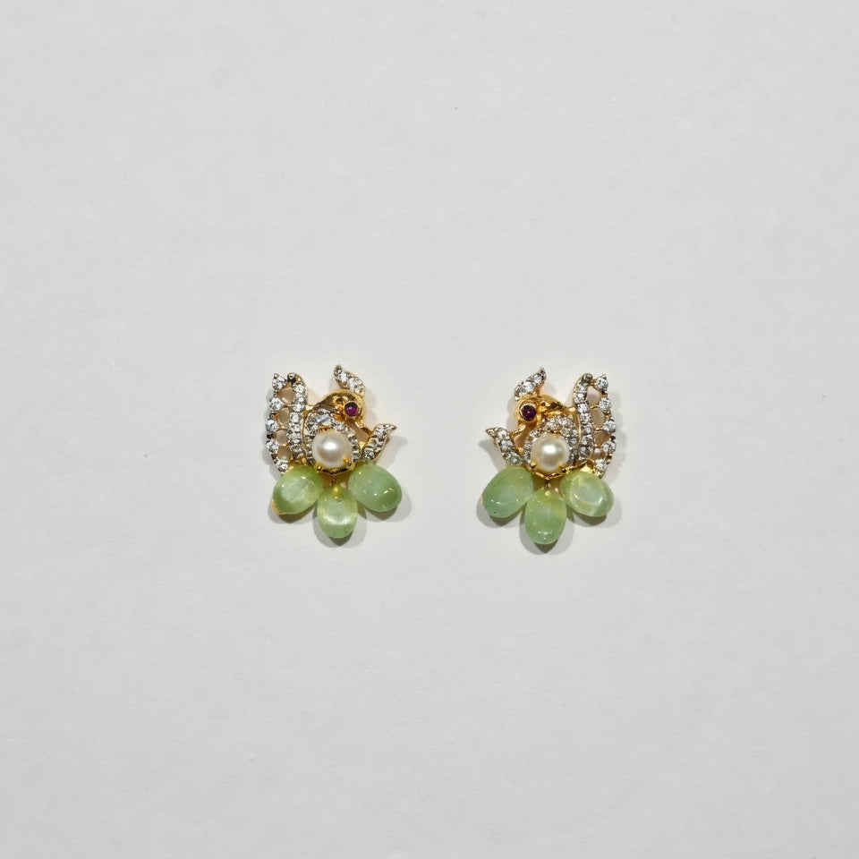 Elegant Pearl & Green Stone Floral Stud Earrings
