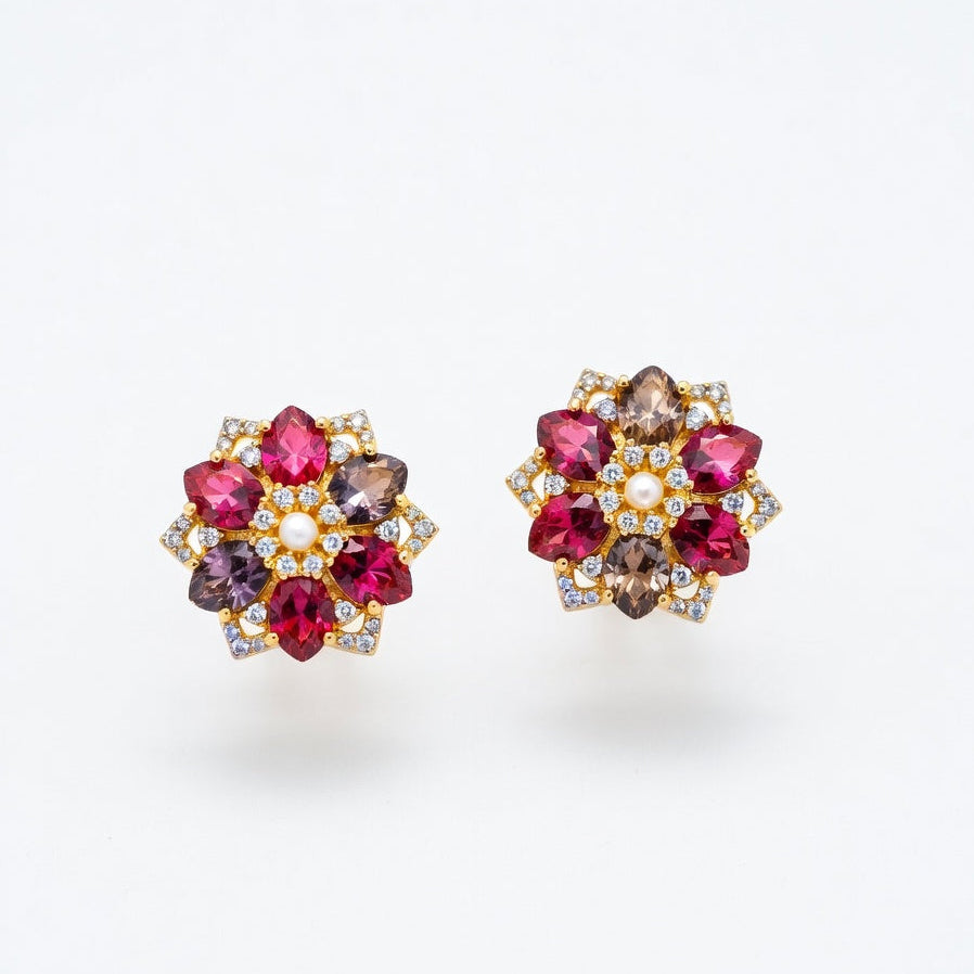 Floral Statement Stud Earrings – Gold Finish with Ruby & Pink Stones
