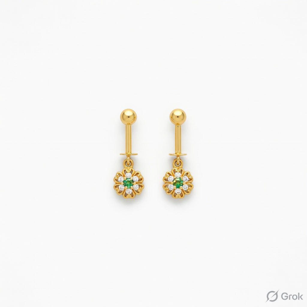 Floral Drop Earrings – Gold Finish with Green Accent