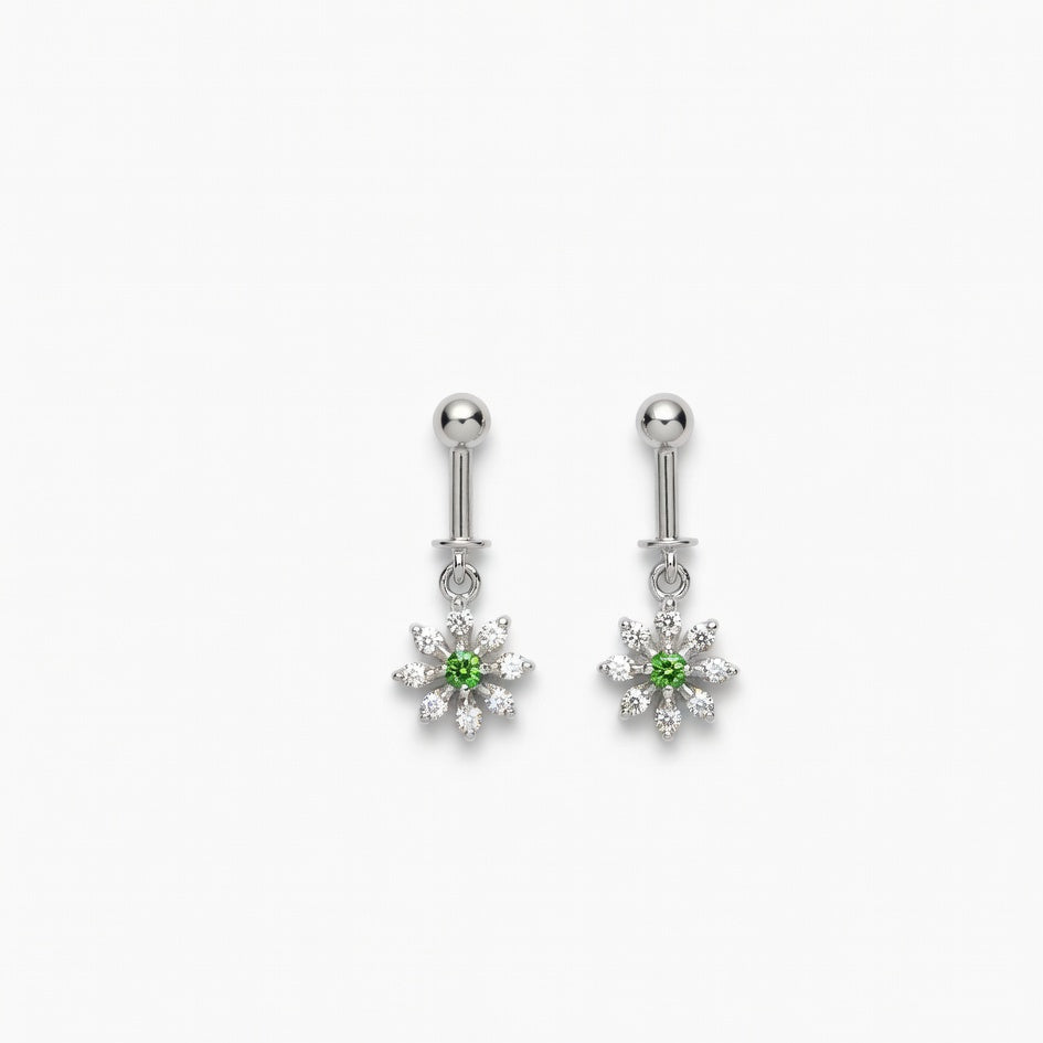 Floral Crystal Drop Earrings – Silver Finish with Green Accent
