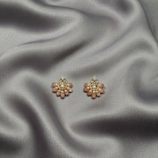 Elegant Peach Floral Pearl Stud Earrings