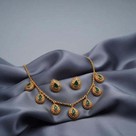 Temple Drop Necklace Set – Gold Finish with Green Stones
