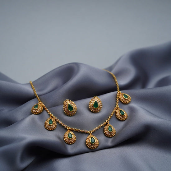 Temple Drop Necklace Set – Gold Finish with Green Stones