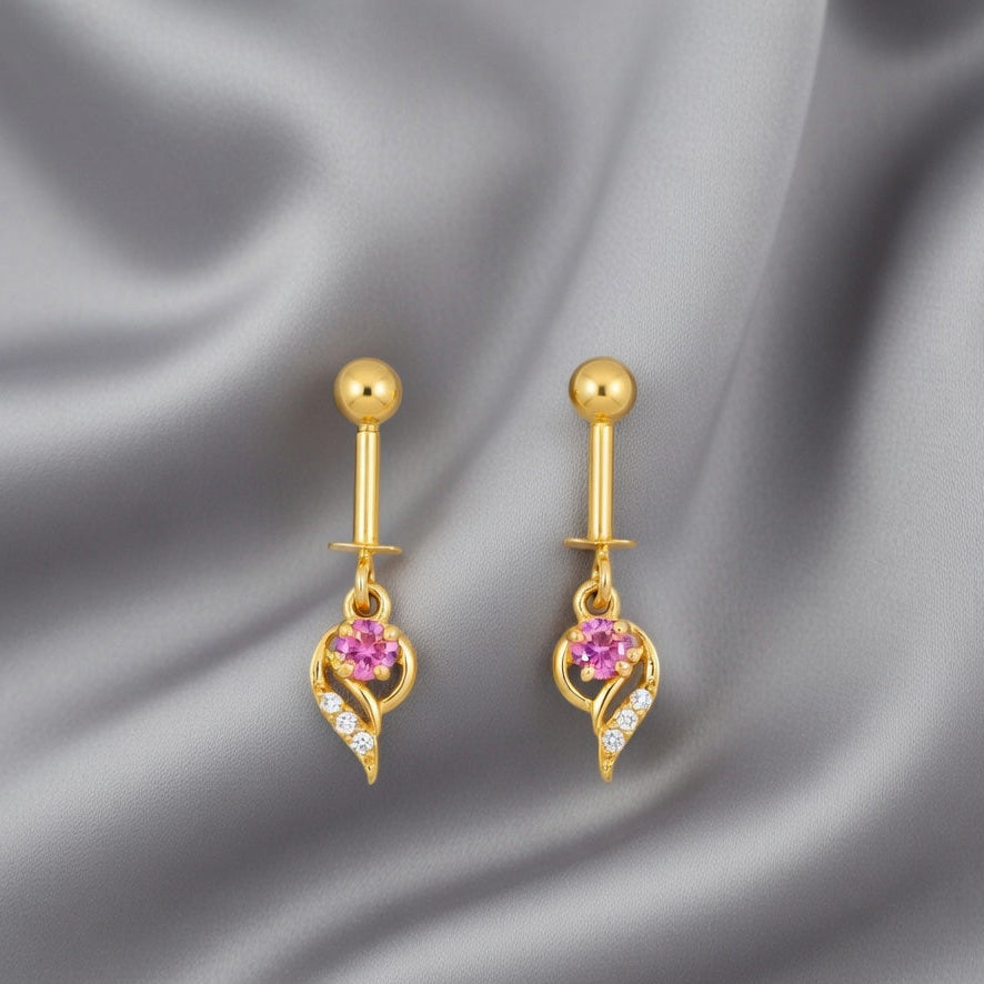 Floral Heart Drop Earrings – Gold Finish with Pink Accent