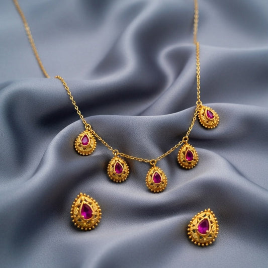 Royal Ruby Drop Necklace Set – Gold Finish