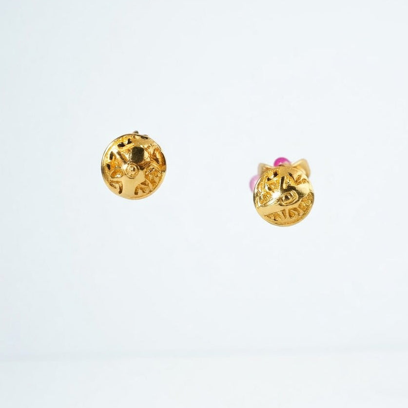 Floral Statement Stud Earrings – Gold Finish with Ruby & Pink Stones