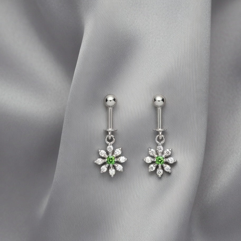 Floral Crystal Drop Earrings – Silver Finish with Green Accent