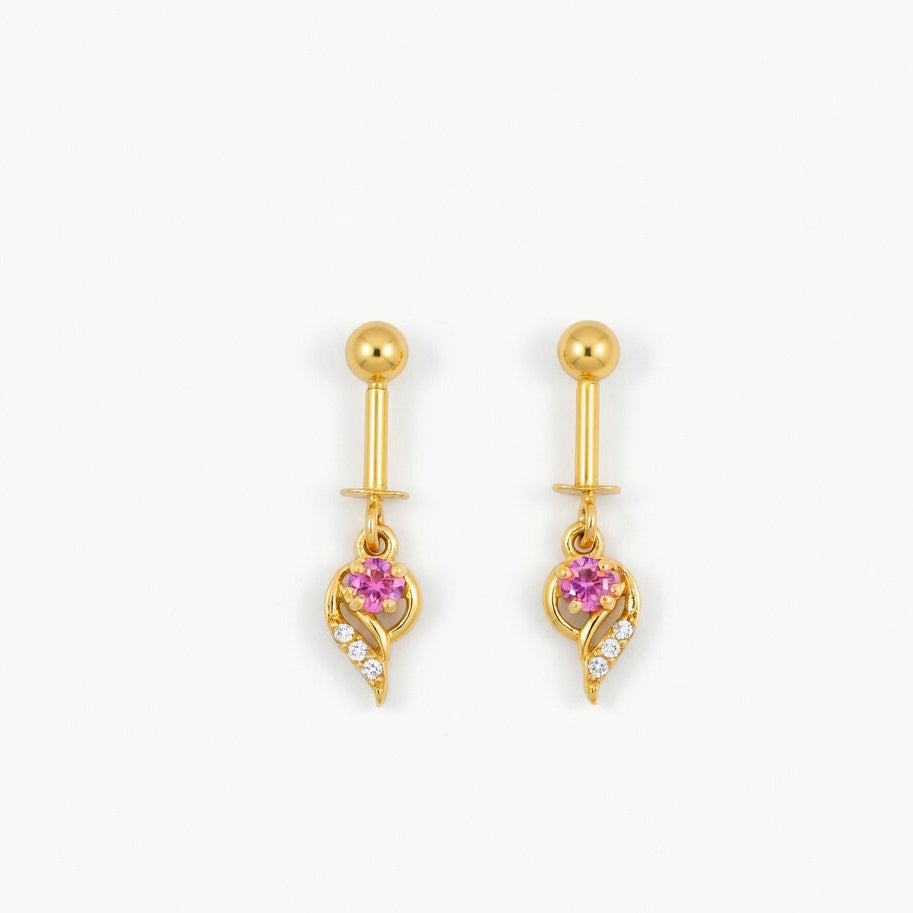 Floral Heart Drop Earrings – Gold Finish with Pink Accent