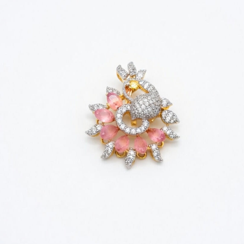Peacock Floral Pendant Set – Gold Finish with Pink Stones