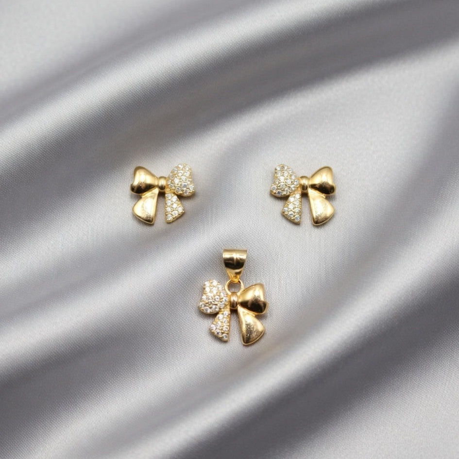Elegant Gold Bow Pendant & Stud Earring Set