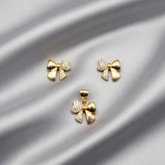 Elegant Gold Bow Pendant & Stud Earring Set