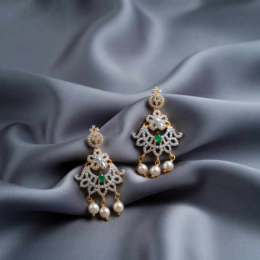 Designer Pearl Drop Earrings – Gold Finish with Green Accent