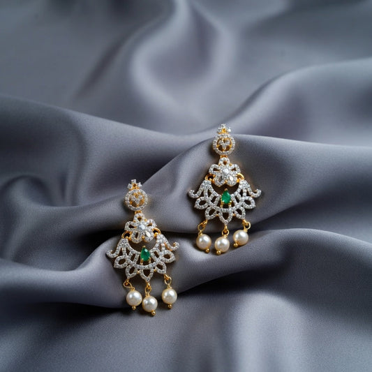 Designer Pearl Drop Earrings – Gold Finish with Green Accent