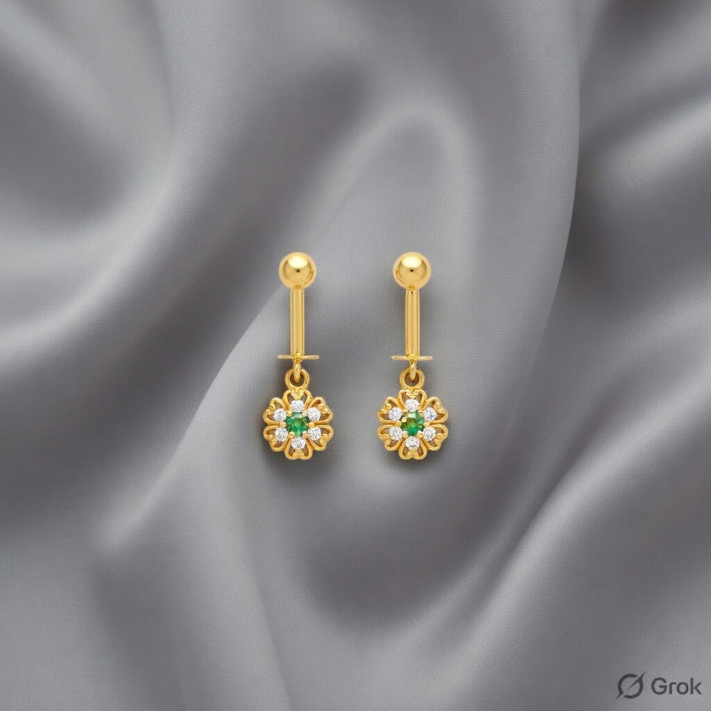 Floral Drop Earrings – Gold Finish with Green Accent