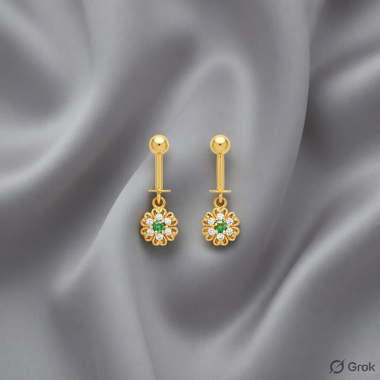 Floral Drop Earrings – Gold Finish with Green Accent