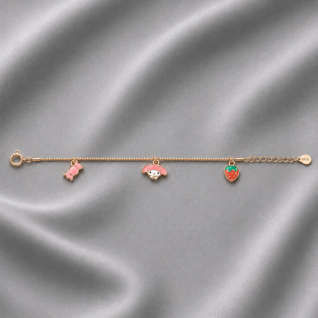 chain bracelet with candy bunny and strawberry charms