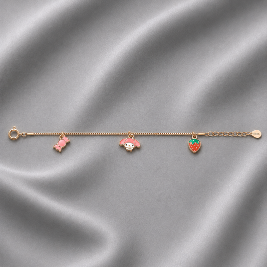 chain bracelet with candy bunny and strawberry charms