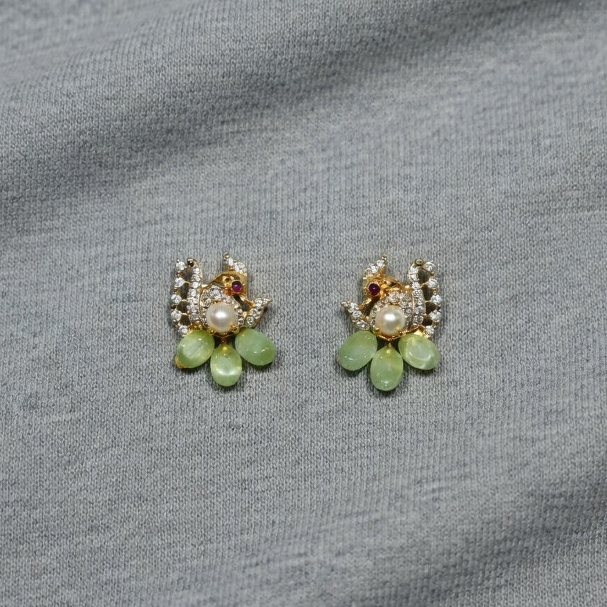 Elegant Pearl & Green Stone Floral Stud Earrings