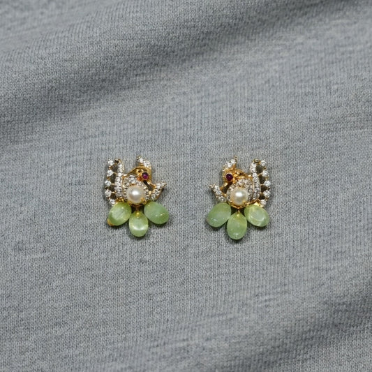 Elegant Pearl & Green Stone Floral Stud Earrings