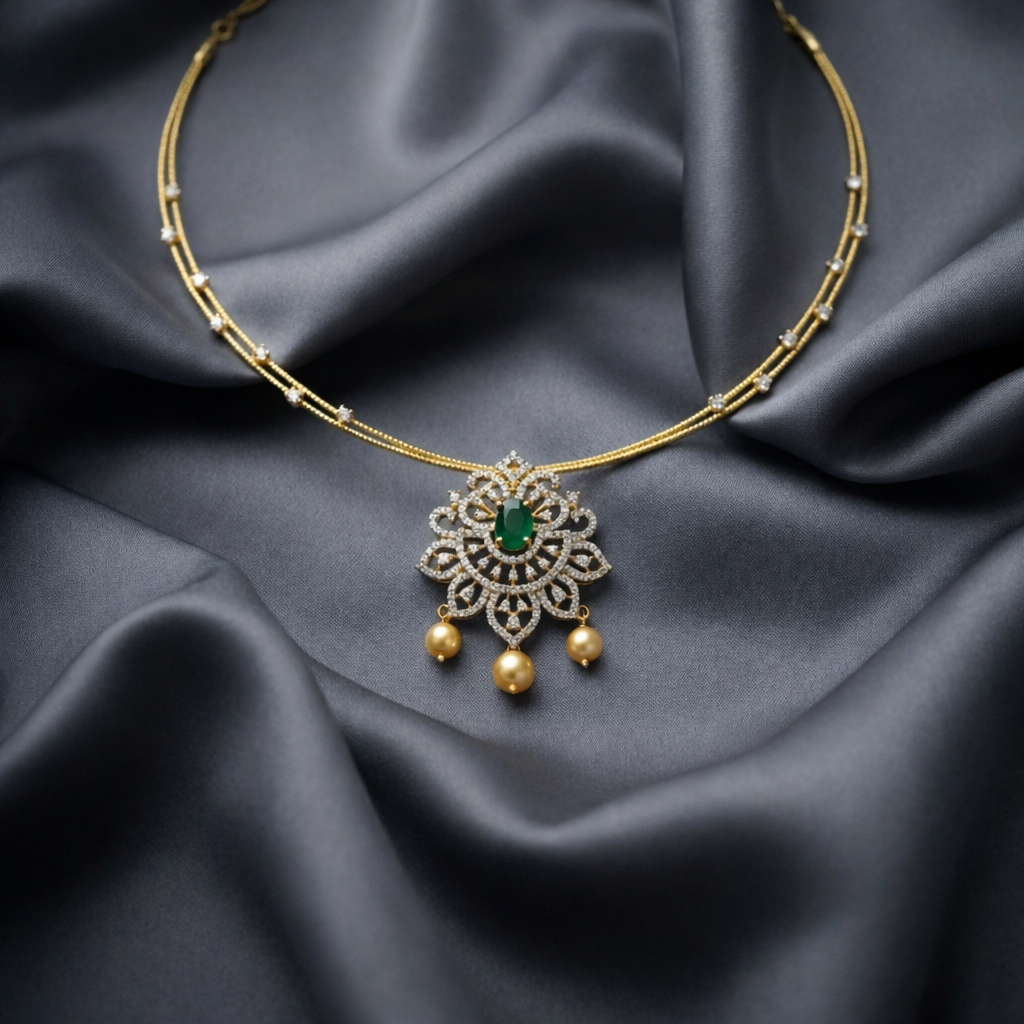 pendant necklace featuring an emerald-colored centerpiece